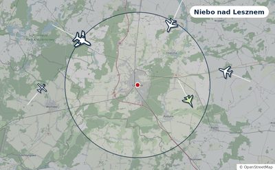 Mapa okolic miasta z sylwetkami samolotów — Niebo nad Lesznem na żywo