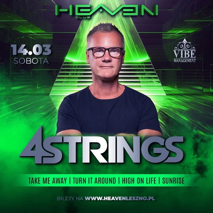 Grafika promocyjna wydarzenia 4 STRINGS — sobotnia noc w Heaven Leszno (14 marca 2026)