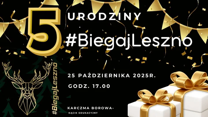 Obrazek przedstawia grafikę promocyjną wydarzenia Urodzinowe spotkanie BiegajLeszno przy Karczmie Borowa
