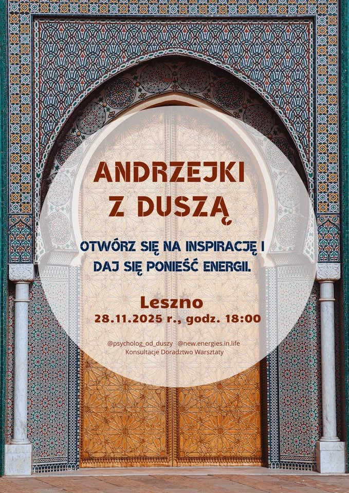 Obrazek przedstawia grafikę promocyjną wydarzenia Wieczór rozwojowy „Andrzejki z Duszą” w Lesznie
