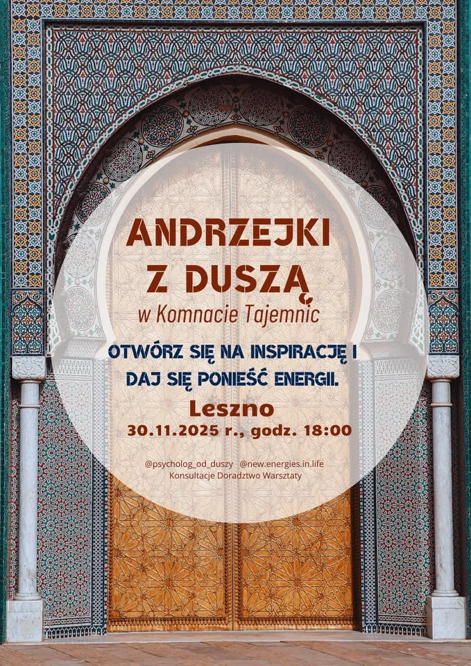 Obrazek przedstawia grafikę promocyjną wydarzenia Wieczór rozwojowy „Andrzejki z Duszą” w Komnacie Tajemnic — Leszno