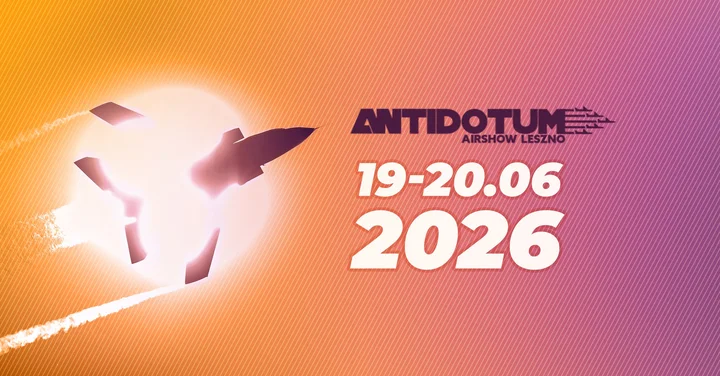 Obrazek przedstawia grafikę promocyjną wydarzenia Pokazy lotnicze Antidotum Airshow w Lesznie — 19–20 czerwca 2026