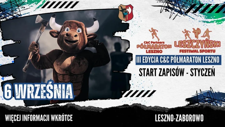 Obrazek przedstawia grafikę promocyjną wydarzenia Półmaraton w Lesznie — bieg na 21,097 km (6 września 2025)