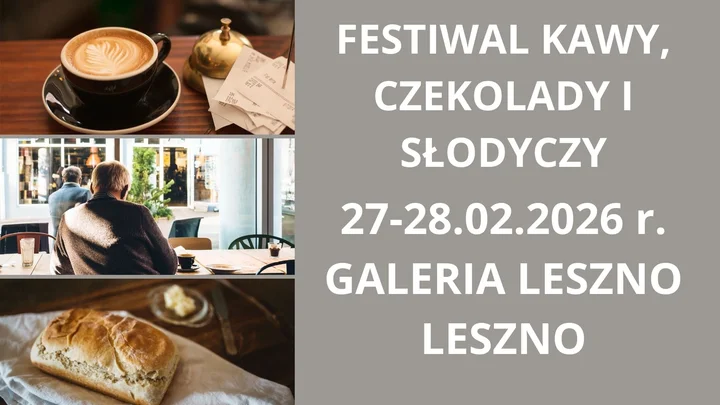 Grafika promocyjna wydarzenia Festiwal Kawy i Czekolady Leszno – degustacje, stoiska i słodkie połączenia