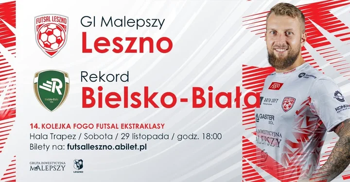 Grafika promocyjna wydarzenia GI Malepszy Leszno - Rekord Bielsko-Biała: 14. kolejka FOGO Futsal Ekstraklasy