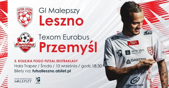 Obrazek przedstawia grafikę promocyjną wydarzenia Mecz FOGO Futsal Ekstraklasy: GI Malepszy Leszno vs Texom Eurobus Przemyśl
