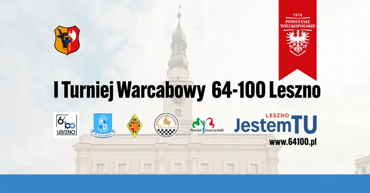 Grafika promocyjna wydarzenia I Turniej Warcabowy 64–100 Leszno — warcaby stupolowe pod Honorowym Patronatem Prezydenta Miasta