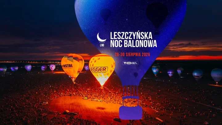Grafika promocyjna wydarzenia Leszczyńska Noc Balonowa 2026 — świetlisty weekend nad Lesznem