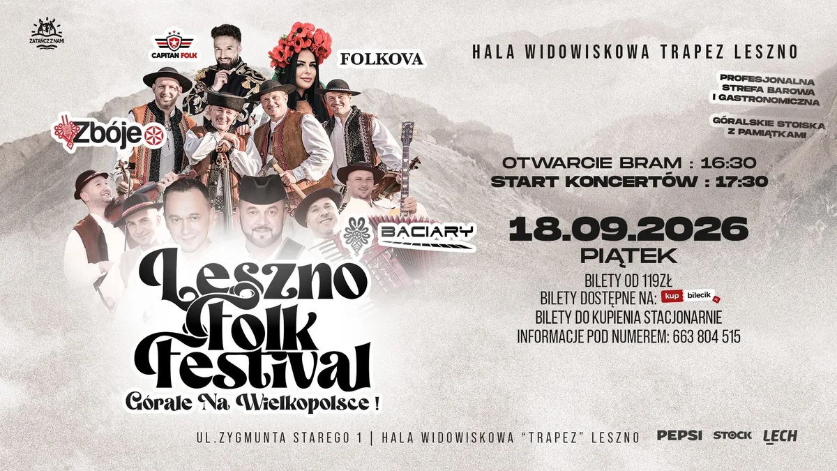 Grafika promocyjna wydarzenia LESZNO FOLK FESTIVAL – góralska muzyka