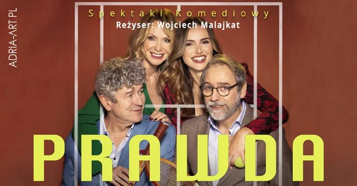 Obrazek przedstawia grafikę promocyjną wydarzenia Komedia „Prawda” w Lesznie — przedstawienie Wojciecha Malajkata