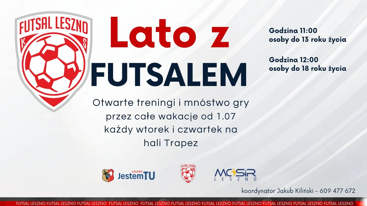 Grafika promocyjna wydarzenia Letnie zajęcia futsalowe dla dzieci i młodzieży w Lesznie