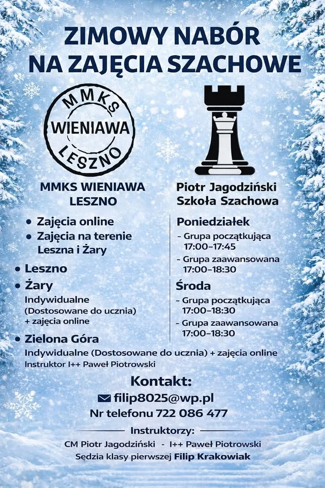Grafika promocyjna wydarzenia Nabór zimowy do MMKS Wieniawa Leszno — zajęcia szachowe dla dzieci, młodzieży i dorosłych