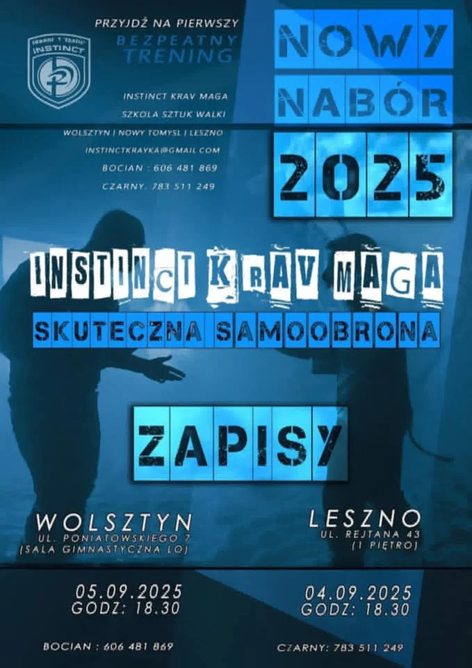 Obrazek przedstawia grafikę promocyjną wydarzenia Bezpłatny trening Krav Maga w Lesznie i Wolsztynie — nabór startuje na początku września