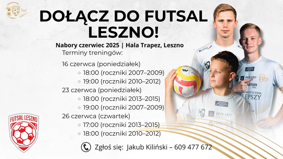 Grafika promocyjna wydarzenia Otwarte treningi naborowe Futsal Leszno w czerwcu 2025