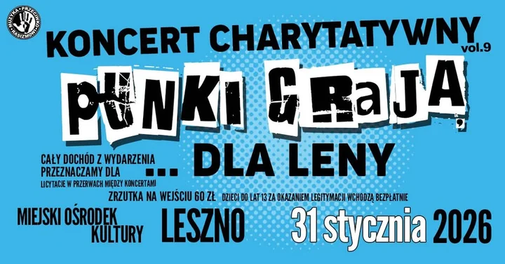 Obrazek przedstawia grafikę promocyjną wydarzenia Koncert punkowy charytatywnie dla Leny w Lesznie