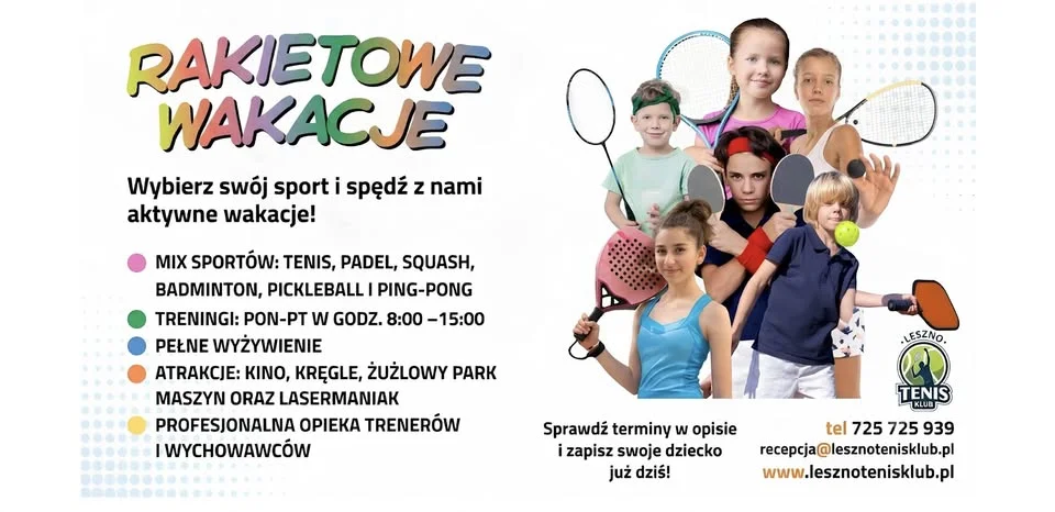 Grafika promocyjna wydarzenia Rakietowe Wakacje – mix sportów w Lesznie