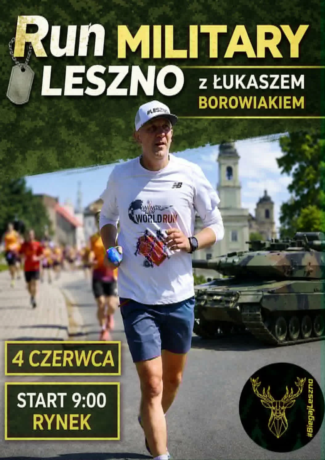 Grafika promocyjna wydarzenia Run Military Leszno: bieganie po mieście i historia na trasie