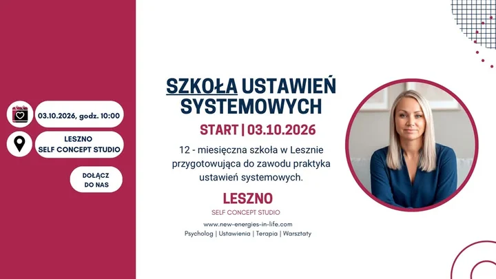 Grafika promocyjna wydarzenia Szkoła Ustawień Systemowych w Lesznie — proces dla przyszłych praktyków
