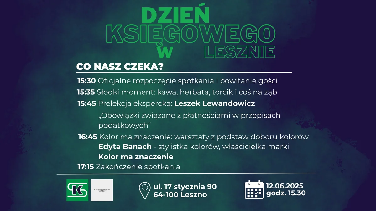 Grafika promocyjna wydarzenia Spotkanie edukacyjne i warsztaty dla księgowych w Lesznie