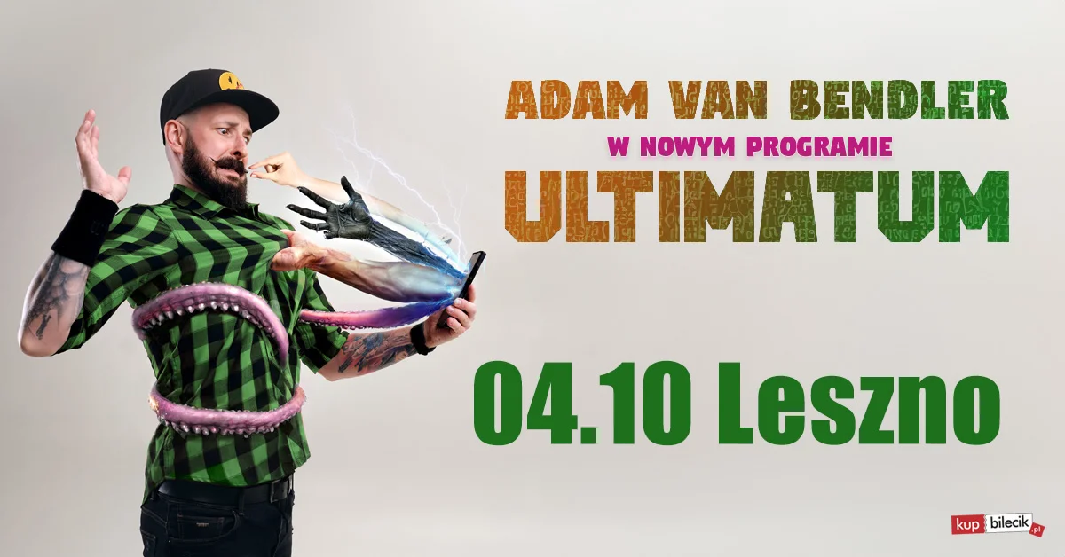 Grafika promocyjna wydarzenia Stand-up Adam Van Bendler z nowym programem w Lesznie