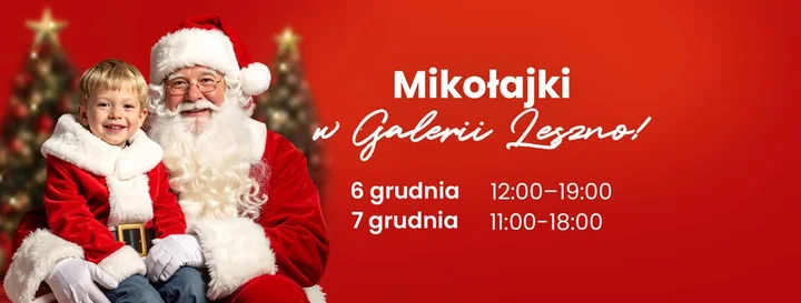 Grafika promocyjna wydarzenia Święty Mikołaj w Galerii Leszno — spotkania, darmowe zdjęcia i przejażdżka kolejką
