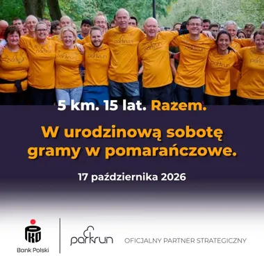 Grafika promocyjna wydarzenia Artykuł o #610 edycja parkrun Leszno 💚na pomarańczowo 🧡