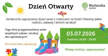 Grafika promocyjna wydarzenia Dzień Otwarty w Przedszkolu i Żłobku Norlandia Leszno – poznaj placówkę z bliska
