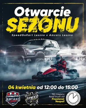 Grafika promocyjna wydarzenia Otwarcie Sezonu AmCars Leszno x SpeedGoKart Leszno – motoryzacyjny старт w Lesznie