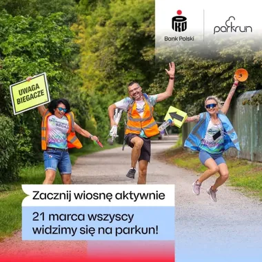 Grafika promocyjna wydarzenia Powitanie wiosny na parkrun Leszno z PKO BP — Biegajmy Razem