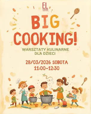 Grafika promocyjna wydarzenia Big Cooking — warsztaty kulinarne po angielsku dla dzieci (8+)