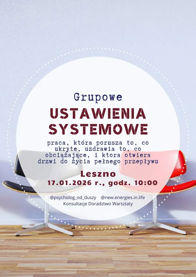 Obrazek przedstawia grafikę promocyjną wydarzenia Grupowe ustawienia systemowe w Lesznie — sesja rozwojowa z pracą grupową