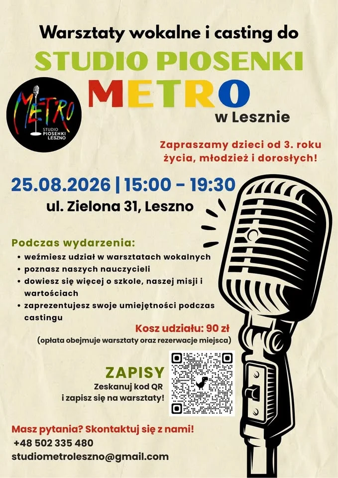 Grafika promocyjna wydarzenia Studio Piosenki METRO: warsztaty i casting
